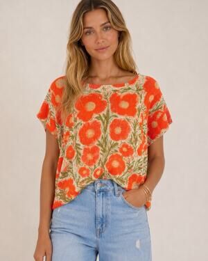 Women's NWT XL Boxy Orange Floral Knit Pullover Sweater Crew Neck Short Sleeve